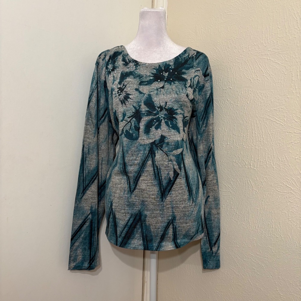 Gray Teal Watercolor Floral Rhinestone Long Sleeve Knit Top Whimsical Fairy XXL